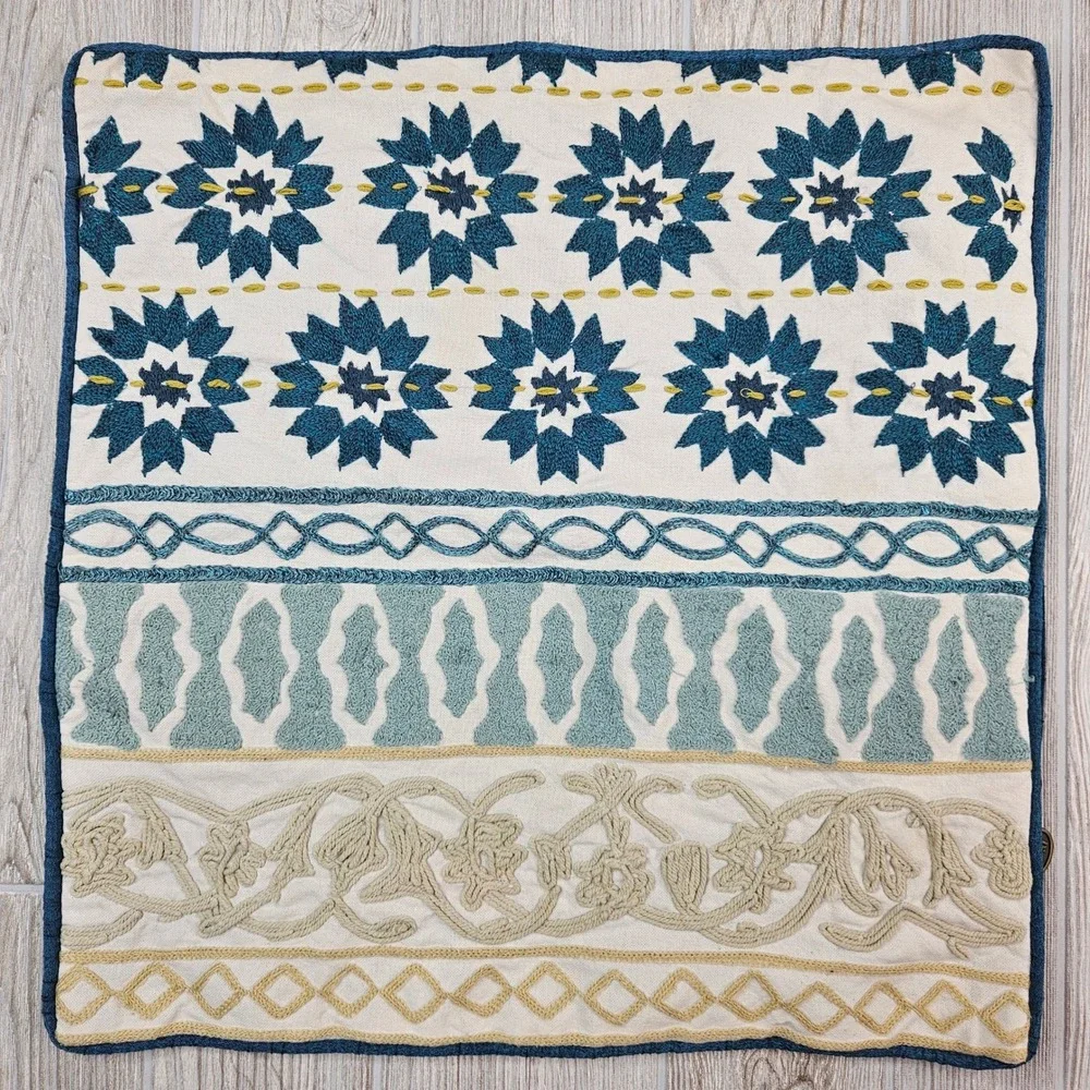Pier 1 Imports Embroidered Crewel Throw Pillow Cover 18x18 Blue Ivory Boho Decor